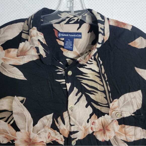 Holland America Line Mens Hawaiian Shirt XLarge Black Beige Floral Collar Pocket - Picture 7 of 12